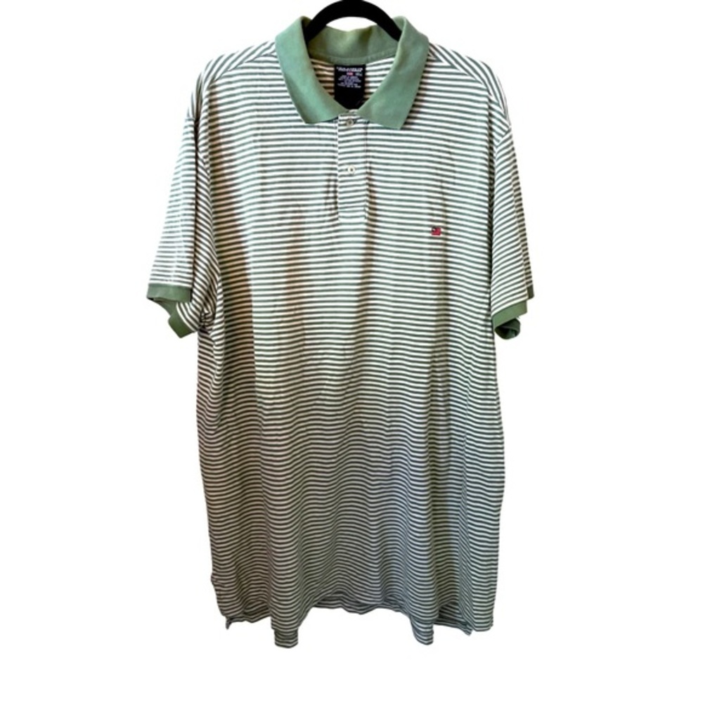 Polo Jeans Co. Ralph Lauren 100% Cotton Green and White Stripe Polo shirt w flag